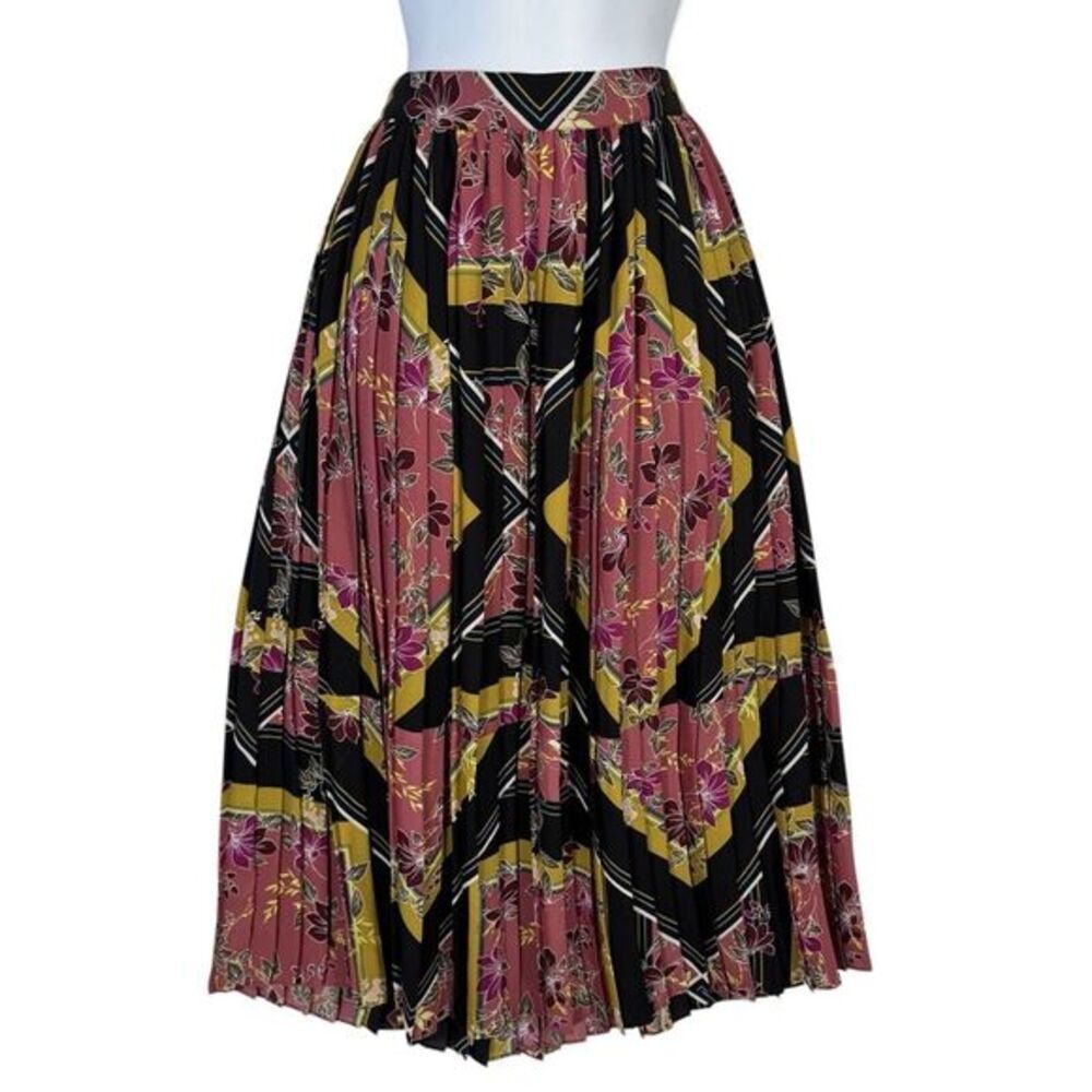 Apt 9 Boho Pleated Midi Skirt Size M Large Pink Yellow Abstract‎ Waist Tie Flowy